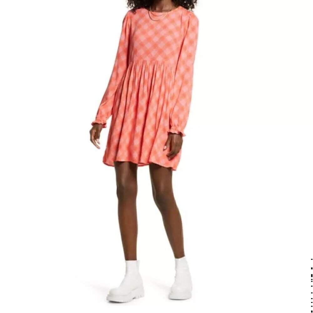NWT BP Print Long Sleeve Dress in Pink and Orange Plaid - Size: Large